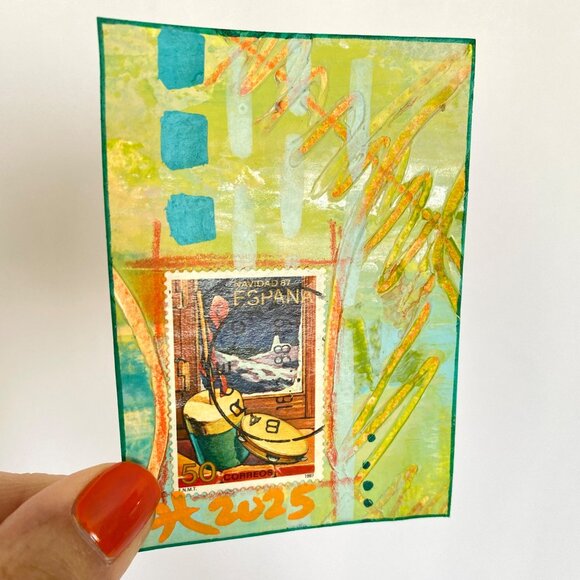 ACEO Original Acrylic Mixed Media Art 1987 Spain Christmas Postage Stamp ATC - Picture 2 of 3